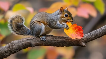 Gray squirrel eating autumn leaf