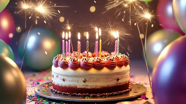 Festive birthday cake with sparklers and balloons in celebration ambience