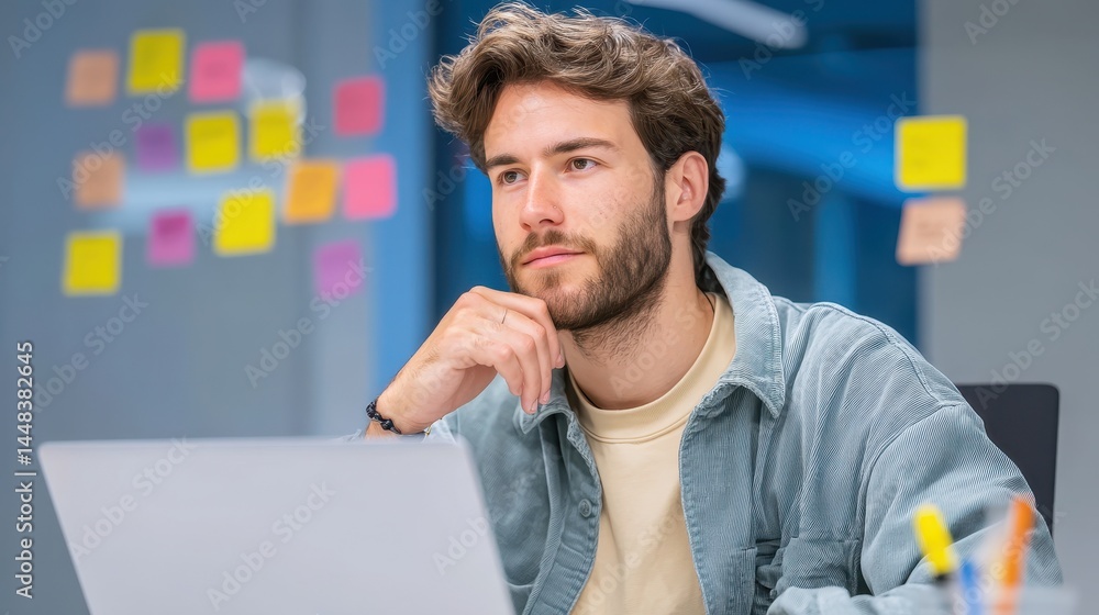 Poster a thoughtful young man works at a laptop, surrounded by colorful sticky notes, in a modern workspace