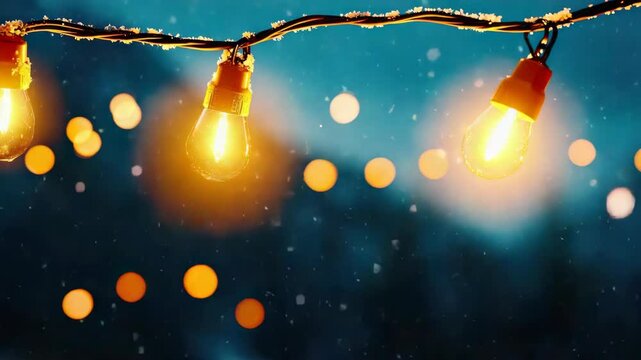 Warm string lights create a cozy atmosphere against a snowy night backdrop.