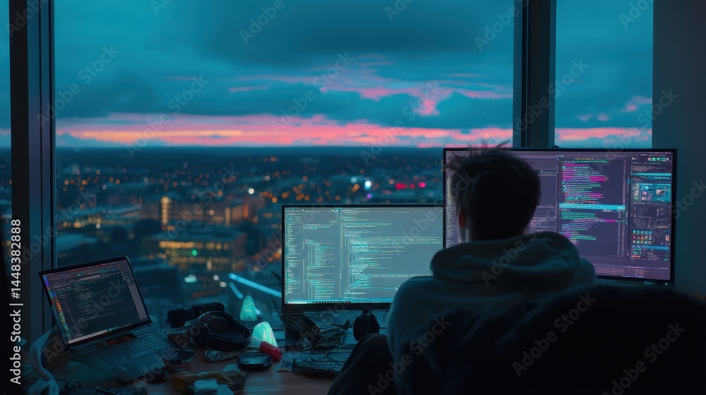 Poster a person working on multiple computer screens at dusk, overlooking a city skyline, with vibrant colo