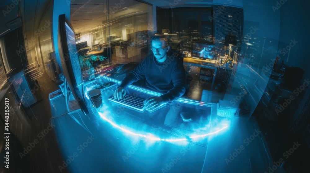 Poster a person working at a desk illuminated by blue light, surrounded by a cityscape view through a windo