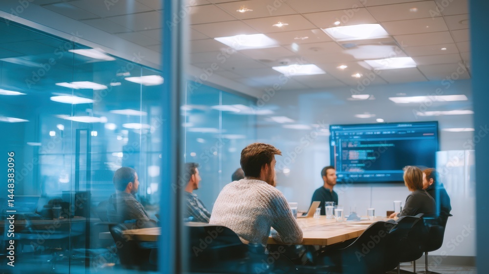 Poster a modern meeting room with a diverse group of people engaged in discussion, illuminated by soft ligh