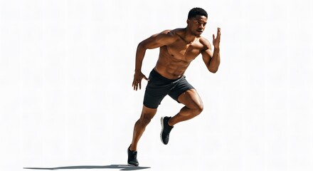 Muscular man in sportswear sprinting in front of white background