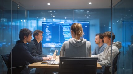 A team collaborates in a modern conference room, focused on a screen displaying code and data, signifying teamwork and innovation. Software Developer coding programer