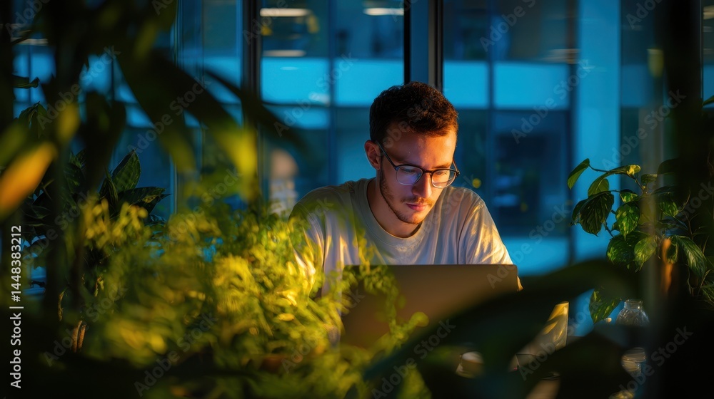 Poster a person working on a laptop surrounded by vibrant indoor plants in a modern workspace, illuminated 