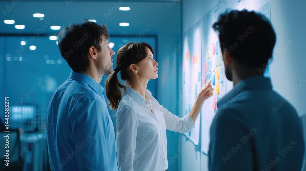 Poster three professionals collaborate in a modern office, analyzing a wall of colorful notes and charts, f