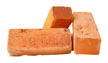 Side view of three old red or orange bricks in stack isolated with clipping path in png file format