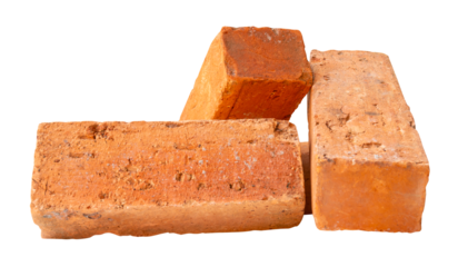 Side view of three old red or orange bricks in stack isolated with clipping path in png file format