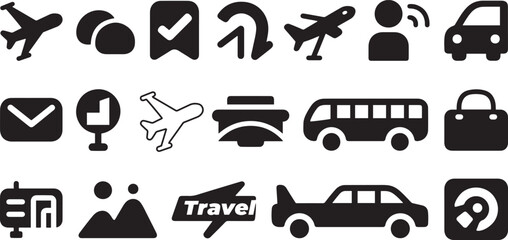 Black Travel and Transportation Icons on White Background

