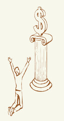 Vector drawing. Adult man worshiping money