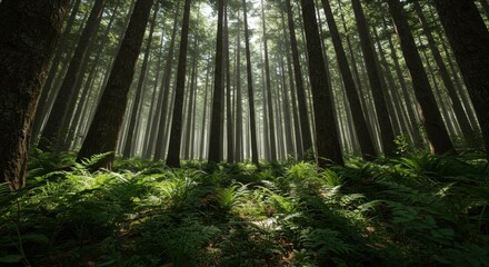 Obraz premium Sun Dappled Forest, Lush Green Ferns and Tall Trees - Tranquil Woodland Scene, Pacific Northwest Forest