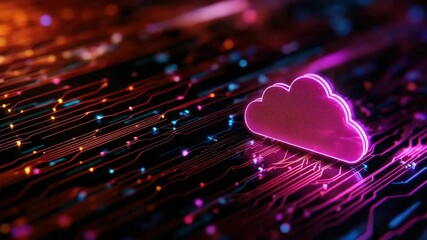 A vibrant pink cloud icon set against a colorful digital circuit background.
