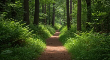 Fototapeta premium Sun-Dappled Forest Path: Lush Green Woodland Trail in Summer, Tranquil Nature Walk