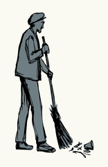 Vector Drawing. Janitor sweeping with a broom
