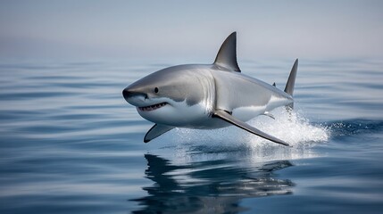 Fototapeta premium Great white shark breaching the ocean surface, showing its powerful presence