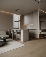 Elegant living room with kitchen, modular grey sofa, coffee table, TV wall, fashionable chandelier and carpet on the wood floor