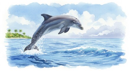 Fototapeta premium Dolphin Leaping, Ocean Mammal Jumping in Tropical Waters; Happy Dolphin in Paradise, Aquatic Wildlife Marine Animal
