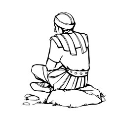 Vector drawing. Old roman Soldier resting on the stone