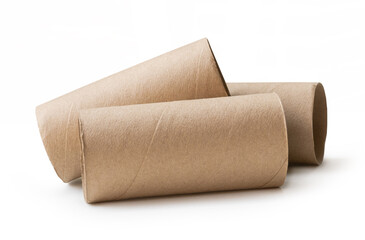 Side view of three tissue paper cores or toilet paper tubes after used out of paper in stack isolated on white background with clipping path