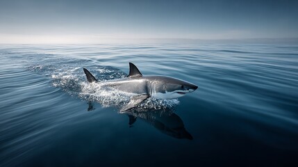 Fototapeta premium Great white shark gracefully swims in the deep blue ocean water surface
