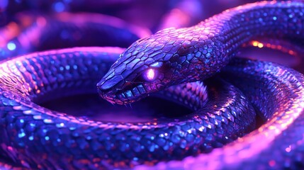 Fototapeta premium A mesmerizing, iridescent snake coils in vibrant neon light. Close-up details reveal a textured, glittering skin