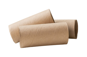 Side view of three tissue paper cores or toilet paper tubes after used out of paper in stack isolated with clipping path in png file format