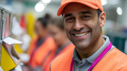 Fototapeta premium A smiling man wearing an orange hat and safety vest