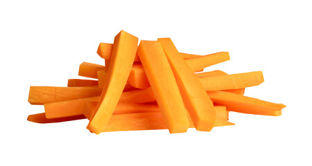 Side view of orange carrot slices in stick shape in stack isolated on white background with clipping path