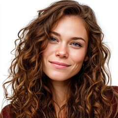 Fototapeta premium A woman with long curly hair smiling at the camera