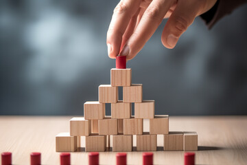 With carefulness to avoid collapse or crash, a hand is placing a wood block tower stacked in stair step, symbolizing financial risk management and strategic planning  