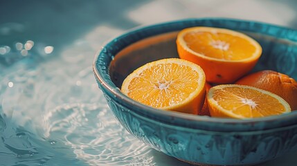 Sunlit orange slices in teal bowl fresh juicy citrus fruit