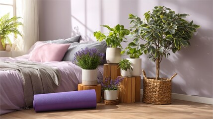 Serene Bedroom with Plants and Yoga Mat.