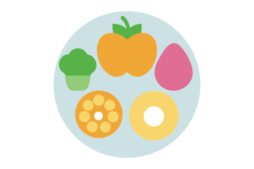  Minimalist Vector of Five Food Groups – Vegetables, Fruits, Grains, Protein, Dairy Icons in Circular Layout.
