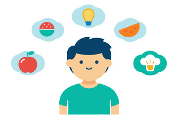 Vector Art of Young Boy Choosing Healthy Food Over Junk Food – Energy, Strength, and Brain Icons.