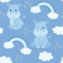 Children’s animals pattern with hippo. Safari animal on blue background with rainbow. 