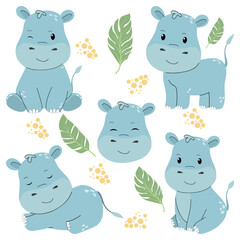 Safari children’s hippo set in flat style isolated on white background, vector illustration. Baby animal in different poses. Vector illustration