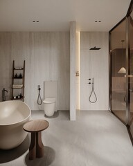 Beige mocha bathroom interior with sink and mirror, carpet on hardwood floor, bathtub, plants. Bathing accessories and window in hotel studio