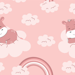 Pink vector pattern with hippo. Cute hippopotamus are sleeping on cloud. Children's vector illustration for fabric, textile, wallpaper, wrapping paper