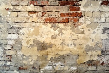 A weathered brick wall with peeling plaster.