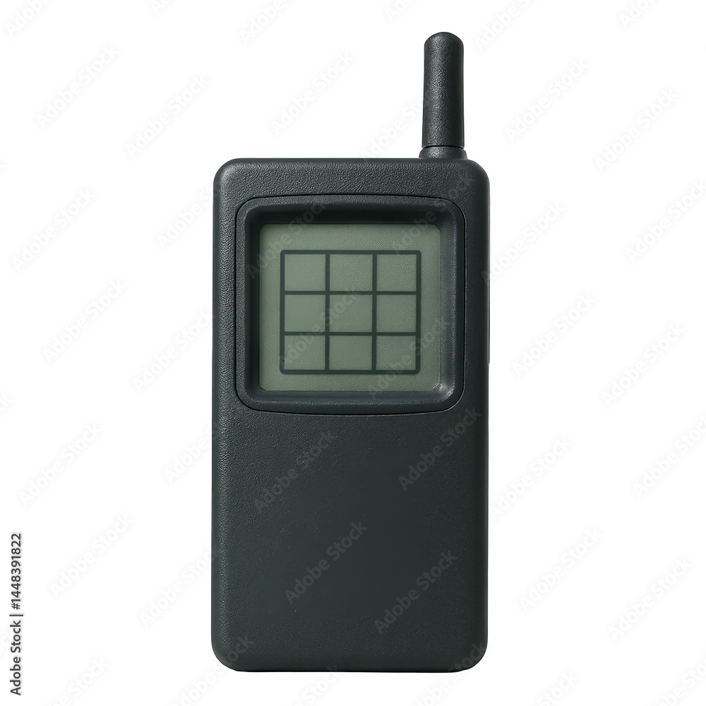 Poster a retro-style dark gray handheld device featuring a simple green grid display panel and a short fixe