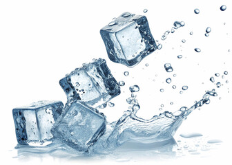 Close-up of ice cubes plunging into water, creating a dynamic splash and effervescent water droplets.
