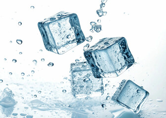 Close-up of ice cubes plunging into water, creating a dynamic splash and effervescent water droplets.