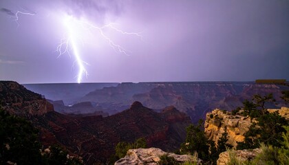 Perfectly timed photo of a thunderstorm over a canyon, lightning bolts illuminating the sky, awe-inspiring natural moment captured with precision