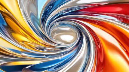 Vibrant swirling abstract design with glossy, metallic ribbons of color.  A vortex of dynamic, colorful, and reflective surfaces create a captivating optical illusion