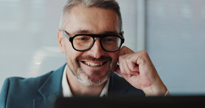 Reading, smile and laptop with business man in office for banking advisor, client portfolio and company analyst. Communication, research and solution with employee in agency for account manager