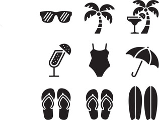 A cheerful vector illustration set of black summer-themed icons on a white background