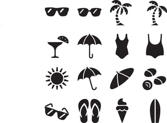A cheerful vector illustration set of black summer-themed icons on a white background