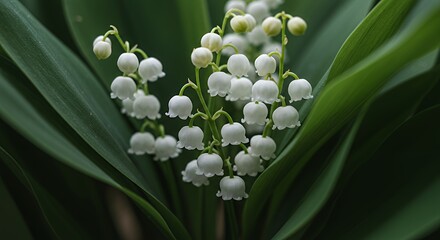 Obraz premium Lily of the Valley Flowers Blooming with Green Leaves