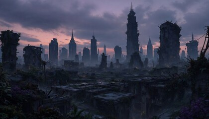 Urban Apocalypse: A haunting landscape of a decaying metropolis, where nature reclaims its dominion over towering structures and the sky looms with an ominous atmosphere.